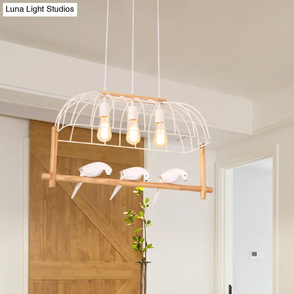 Nordic Style 3-Light Island Pendant With Elongated White Iron Cage And Bird Stand