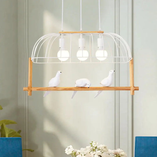 Nordic Style 3-Light Island Pendant With Elongated White Iron Cage And Bird Stand