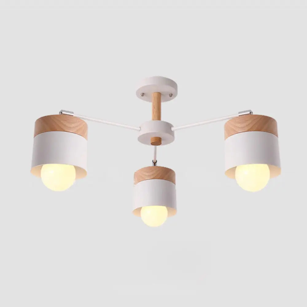 Nordic Style 3 - Light Metal Cylindrical Ceiling Semi Flush Chandelier With White Wooden Cap For