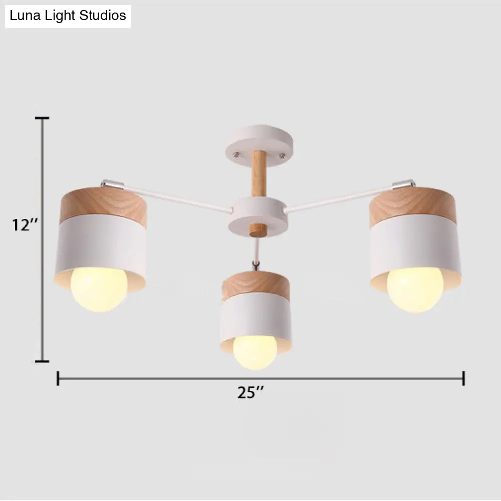 Nordic Style 3 - Light Metal Cylindrical Ceiling Semi Flush Chandelier With White Wooden Cap For