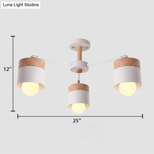 Nordic Style 3 - Light Metal Cylindrical Ceiling Semi Flush Chandelier With White Wooden Cap For