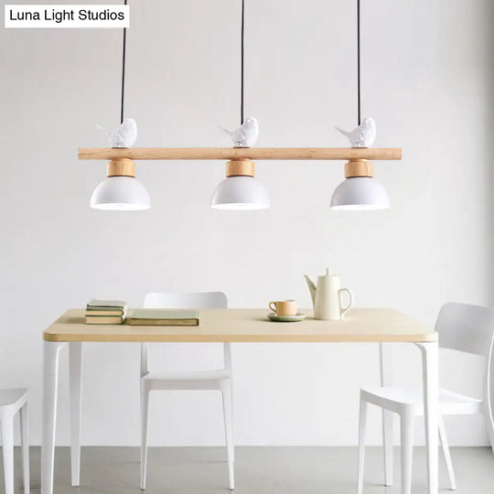 Nordic Style 3-Light Wood Bowl Pendant With Metal Shades For Island Lighting