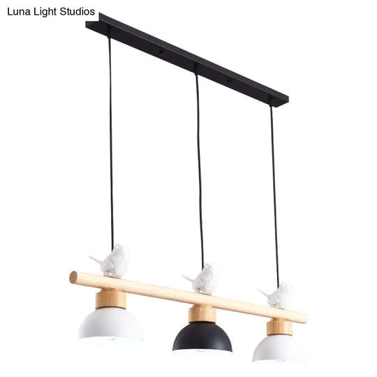 Nordic Style 3-Light Wood Bowl Pendant With Metal Shades For Island Lighting