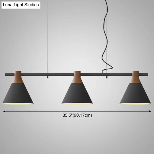 Nordic Style Adjustable Hanging Pendant Light With 3 Conical Metal Shades In Wood