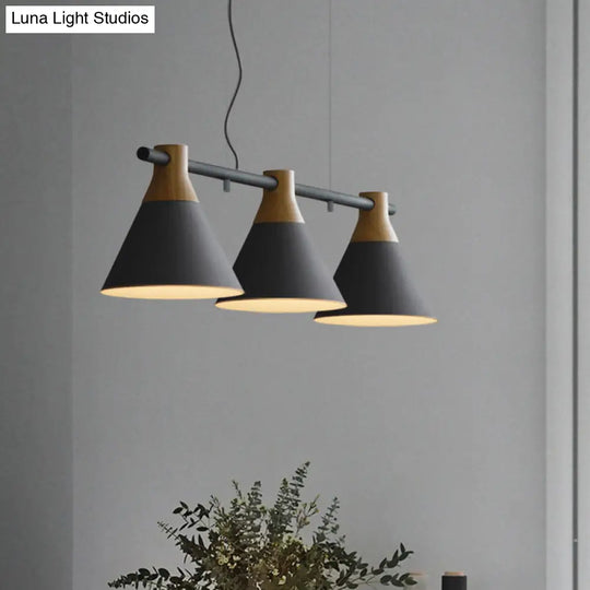 Nordic Style Adjustable Hanging Pendant Light With 3 Conical Metal Shades In Wood