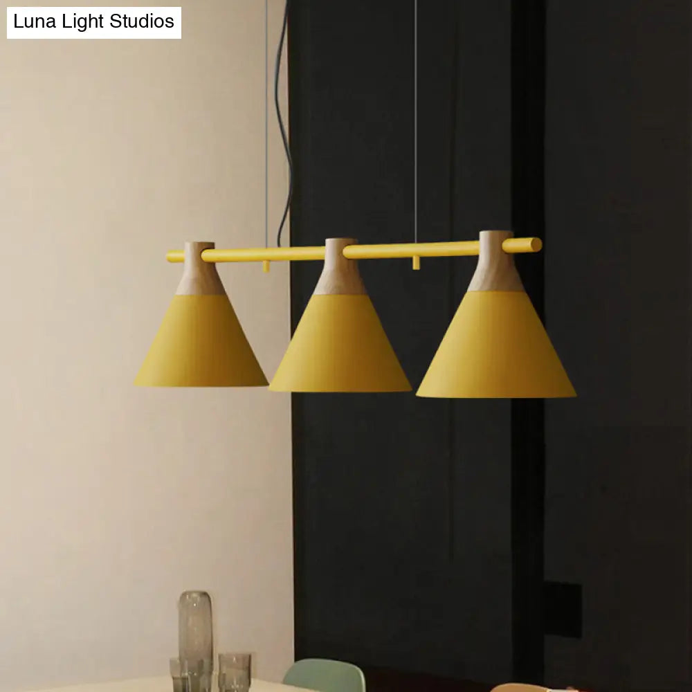 Nordic Style Adjustable Hanging Pendant Light With 3 Conical Metal Shades In Wood