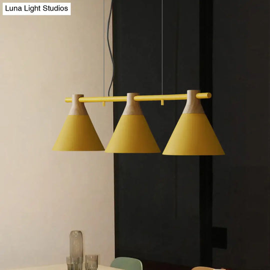 Nordic Style Adjustable Hanging Pendant Light With 3 Conical Metal Shades In Wood