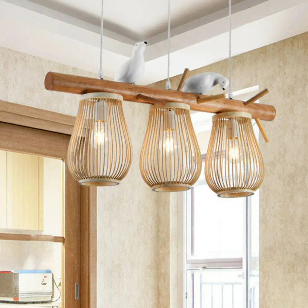 Nordic Style Bamboo Pendant Light With Bird Decor - Pear-Shaped Perfect For Dining Room And Kitchen