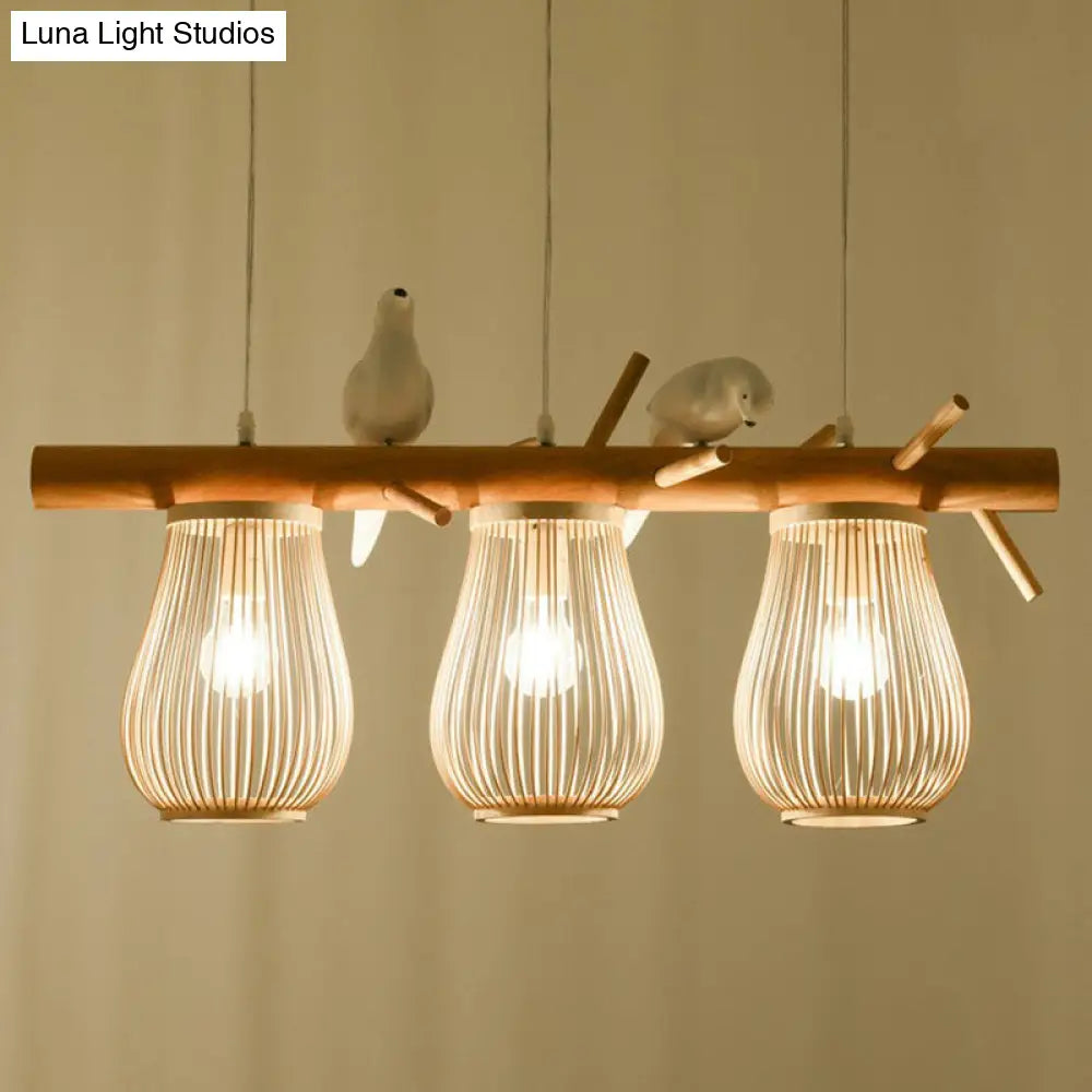 Nordic Style Bamboo Pendant Light With Bird Decor - Pear-Shaped Perfect For Dining Room And Kitchen