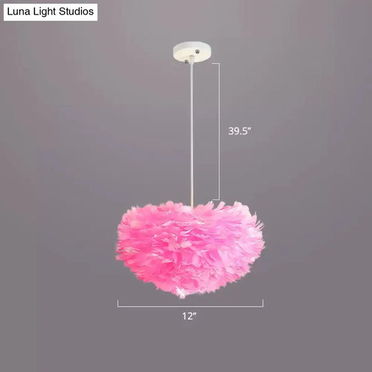 Nordic Style Feather Dome Pendant Light For Bedroom Suspension Fixture Pink / 12