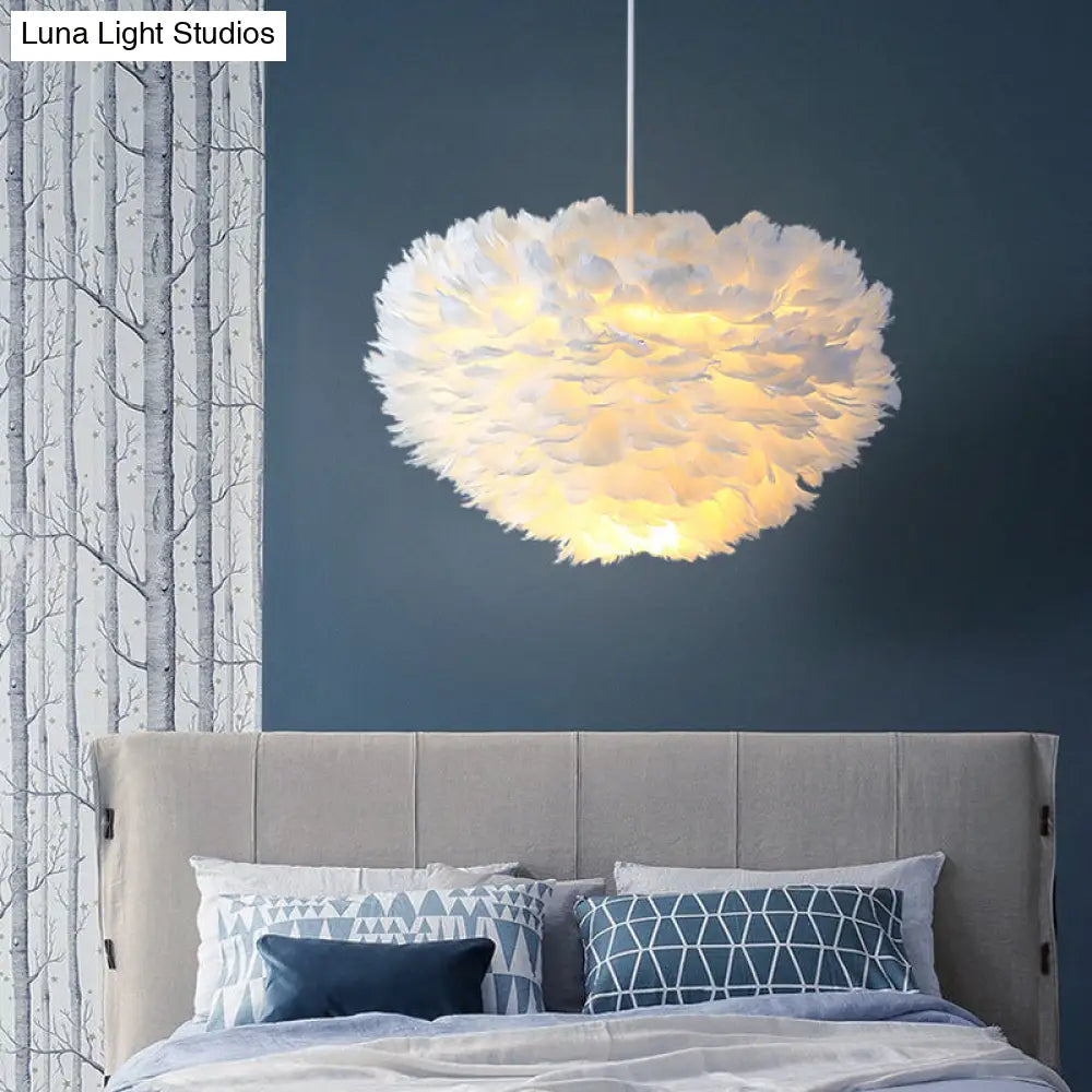 Nordic Style Bedroom Suspension Light Fixture With Feather Dome Pendant Shade