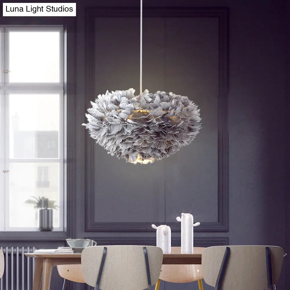 Nordic Style Bedroom Suspension Light Fixture With Feather Dome Pendant Shade