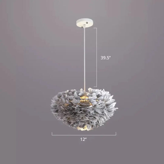 Nordic Style Bedroom Suspension Light Fixture With Feather Dome Pendant Shade Grey / 12’