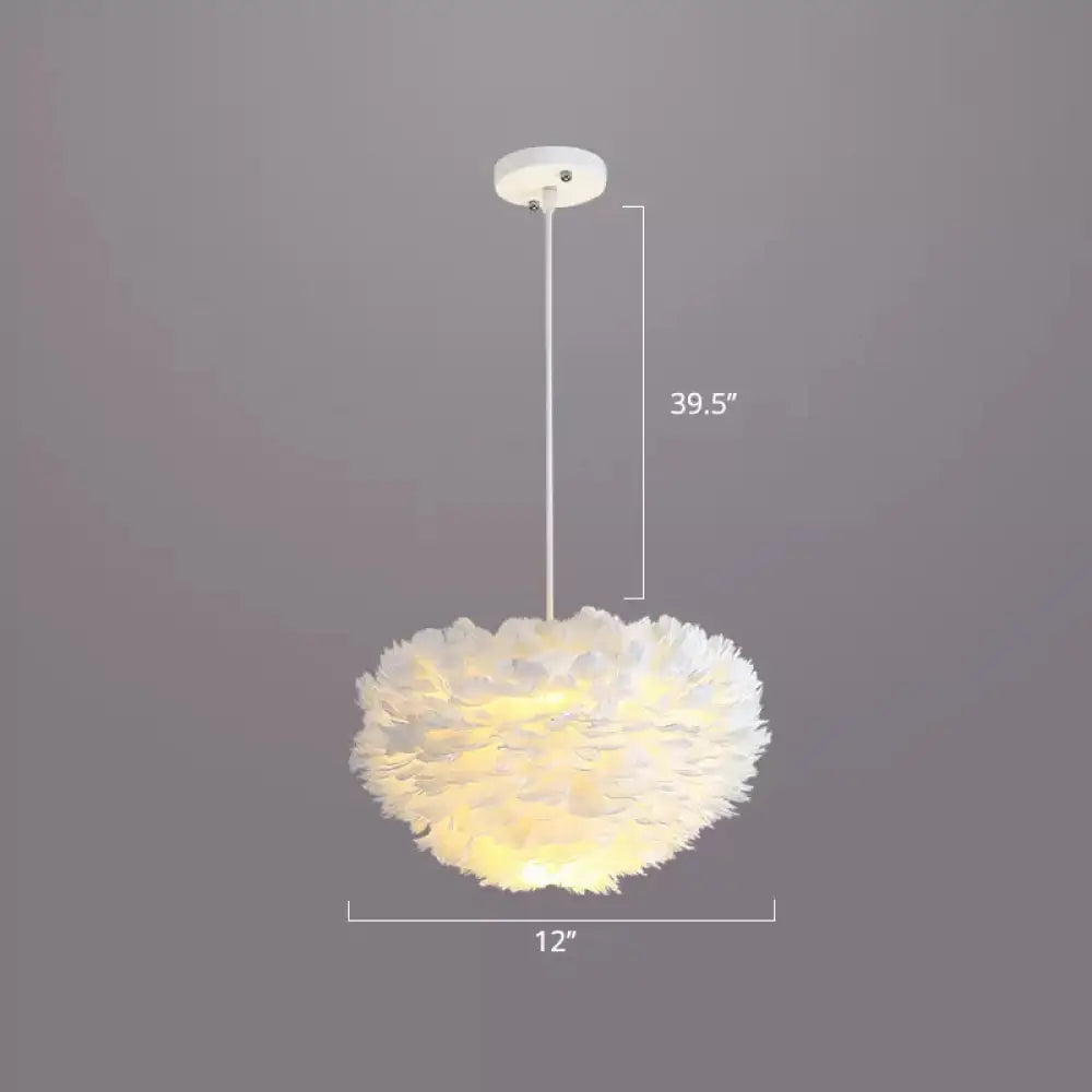 Nordic Style Bedroom Suspension Light Fixture With Feather Dome Pendant Shade White / 12’