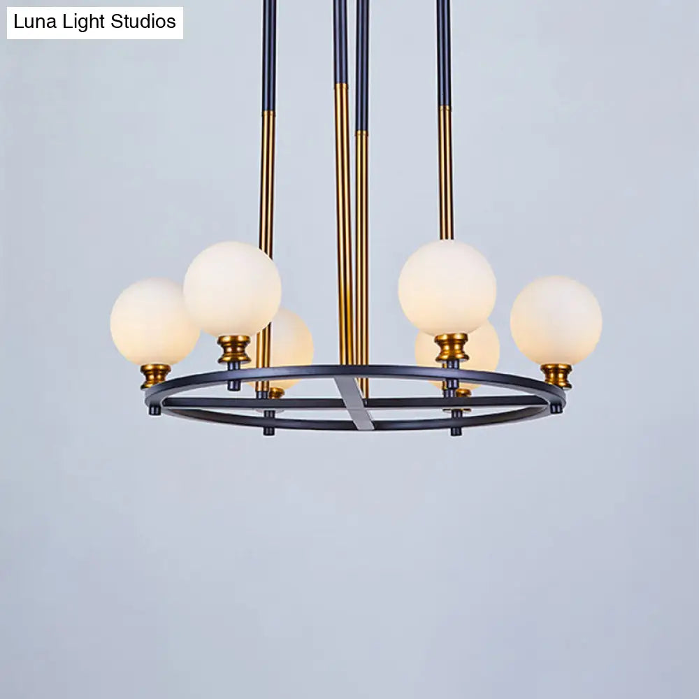 Nordic Style Black-Gold Globe Ceiling Chandelier With Frosted Glass Drop Pendant - 6/8 Lights Ring