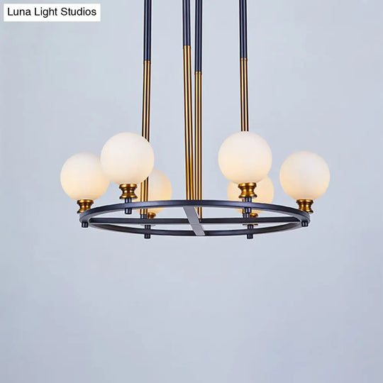 Nordic Style Black-Gold Globe Ceiling Chandelier With Frosted Glass Drop Pendant - 6/8 Lights Ring