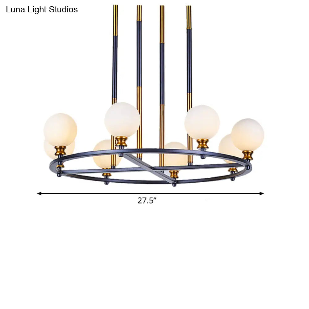 Nordic Style Black-Gold Globe Ceiling Chandelier With Frosted Glass Drop Pendant - 6/8 Lights Ring