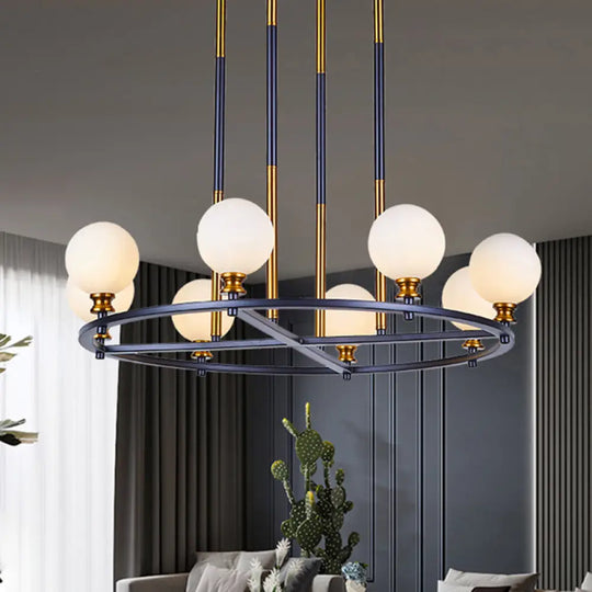 Nordic Style Black-Gold Globe Ceiling Chandelier With Frosted Glass Drop Pendant - 6/8 Lights Ring