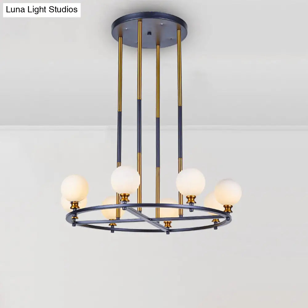 Nordic Style Black-Gold Globe Ceiling Chandelier With Frosted Glass Drop Pendant - 6/8 Lights Ring