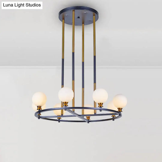 Nordic Style Black-Gold Globe Ceiling Chandelier With Frosted Glass Drop Pendant - 6/8 Lights Ring