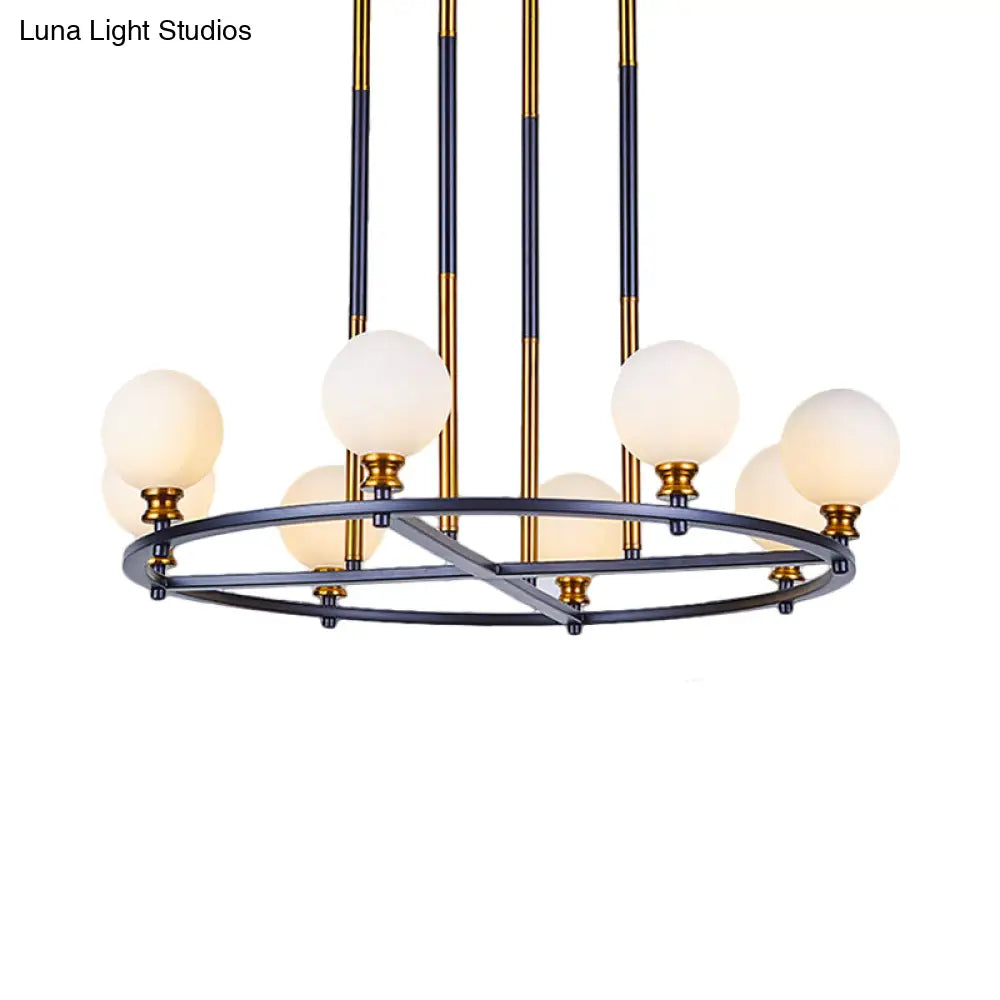 Nordic Style Black-Gold Globe Ceiling Chandelier With Frosted Glass Drop Pendant - 6/8 Lights Ring