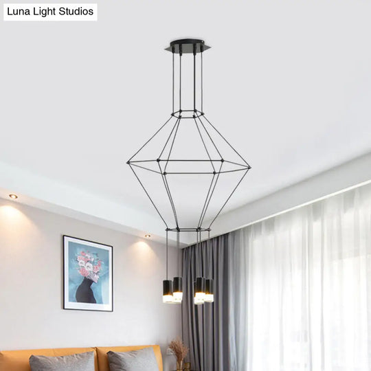 Nordic Style Black 3D Square Pendant Light With Glass Shade And Metal Frame - 4/6 Lights