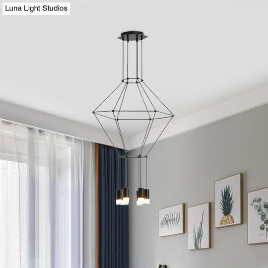 Nordic Style Black 3D Square Pendant Light With Glass Shade And Metal Frame - 4/6 Lights