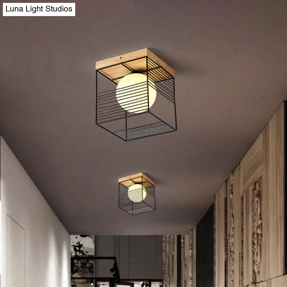 Nordic Style Black/White Cubic Ceiling Lamp With Inner Ball Glass Shade And Wood Canopy