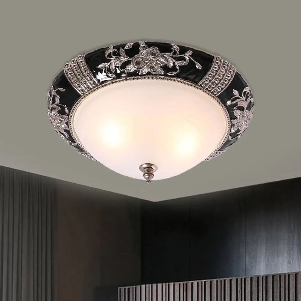 Nordic Style Carved Rose Ceiling Flush Mount - Black Finish 3 Lights Dome White Glass Shade / 14’