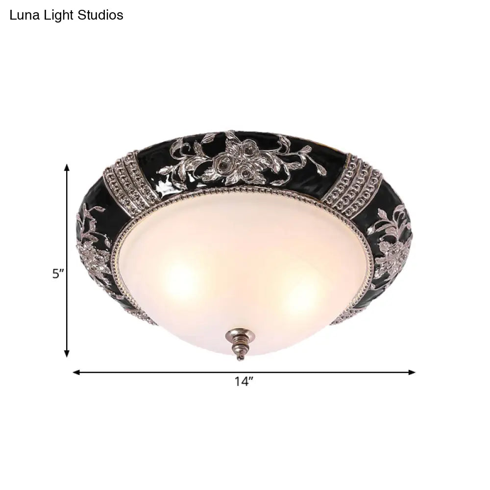 Nordic Style Carved Rose Ceiling Flush Mount - Black Finish 3 Lights Dome White Glass Shade