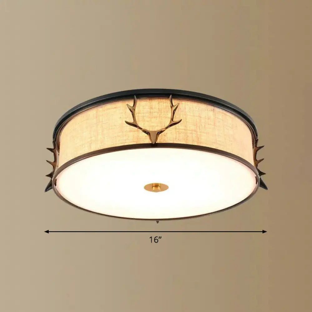 Nordic Style Ceiling Flush Light With Decorative Antler Design For Foyer - Fabric Drum Black / 16’