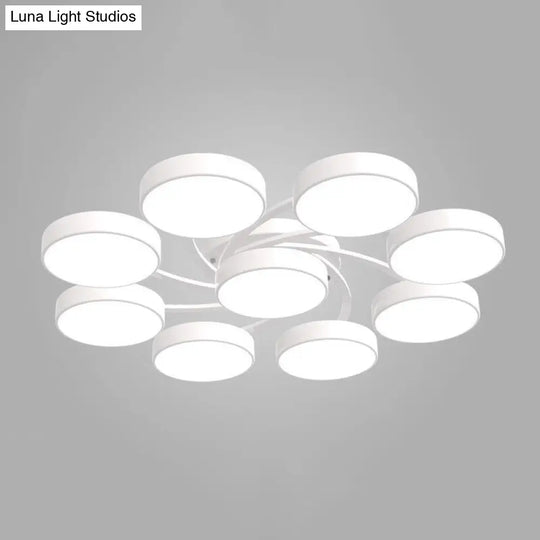 Nordic Style Ceiling Light With Black/White Drum Shade - 3/6/9 Heads Acrylic Semi Flush Mount For