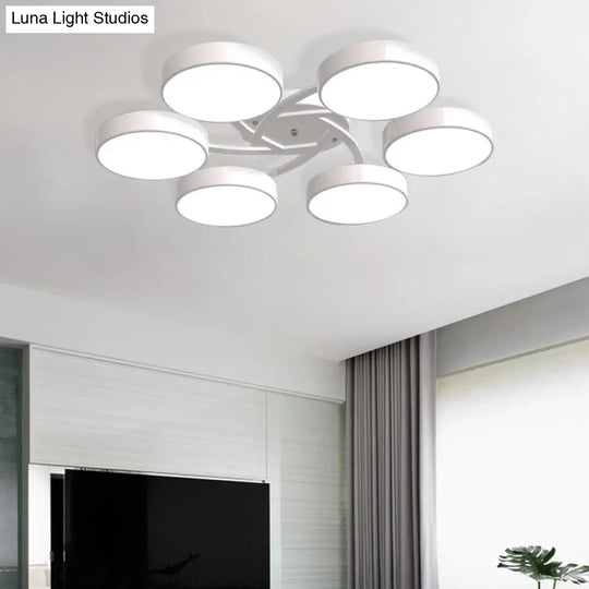 Nordic Style Ceiling Light With Black/White Drum Shade - 3/6/9 Heads Acrylic Semi Flush Mount For