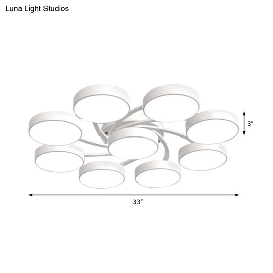 Nordic Style Ceiling Light With Black/White Drum Shade - 3/6/9 Heads Acrylic Semi Flush Mount For