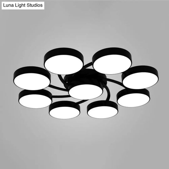 Nordic Style Ceiling Light With Black/White Drum Shade - 3/6/9 Heads Acrylic Semi Flush Mount For