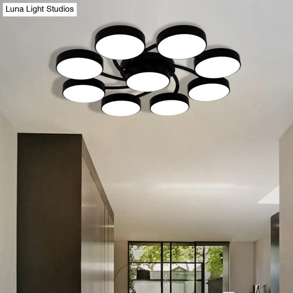 Nordic Style Ceiling Light With Black/White Drum Shade - 3/6/9 Heads Acrylic Semi Flush Mount For