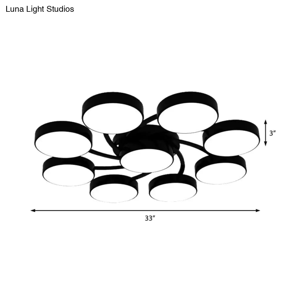 Nordic Style Ceiling Light With Black/White Drum Shade - 3/6/9 Heads Acrylic Semi Flush Mount For