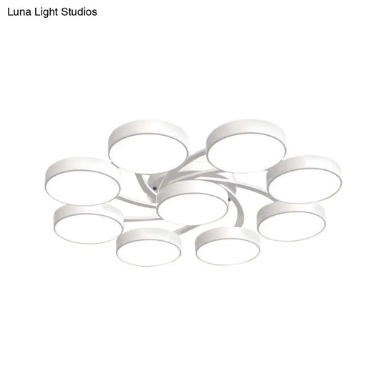 Nordic Style Ceiling Light With Black/White Drum Shade - 3/6/9 Heads Acrylic Semi Flush Mount For