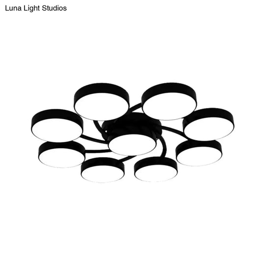 Nordic Style Ceiling Light With Black/White Drum Shade - 3/6/9 Heads Acrylic Semi Flush Mount For