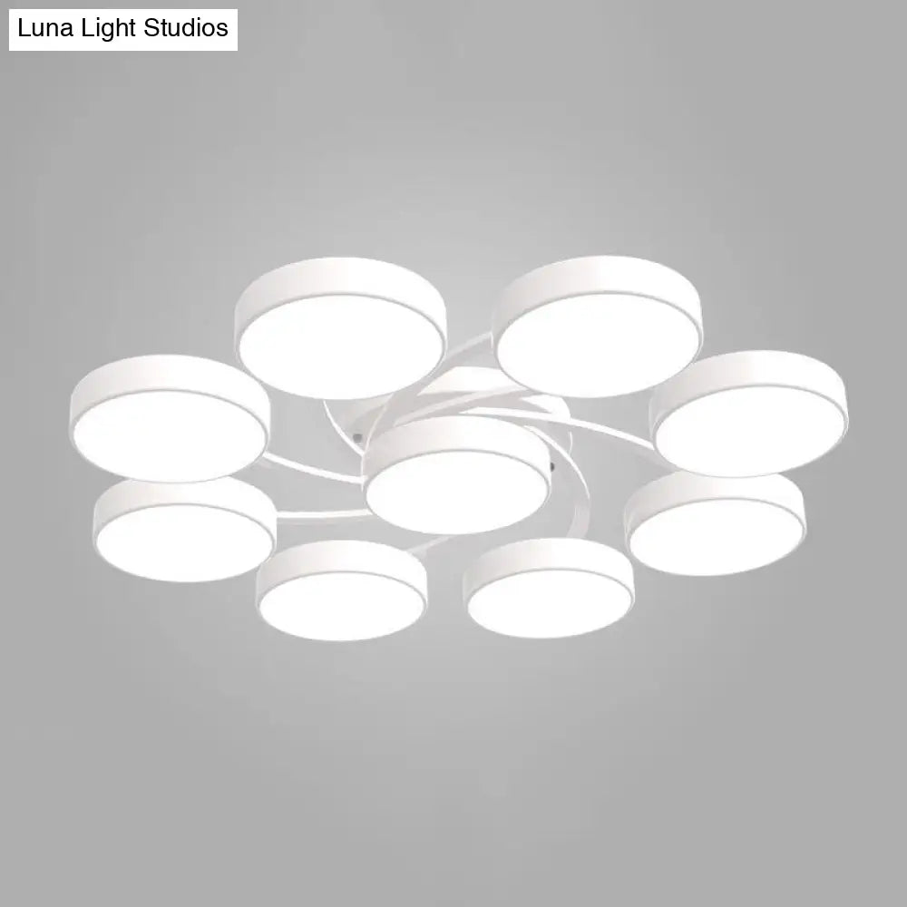 Nordic Style Ceiling Light With Black/White Drum Shade - 3/6/9 Heads Acrylic Semi Flush Mount For