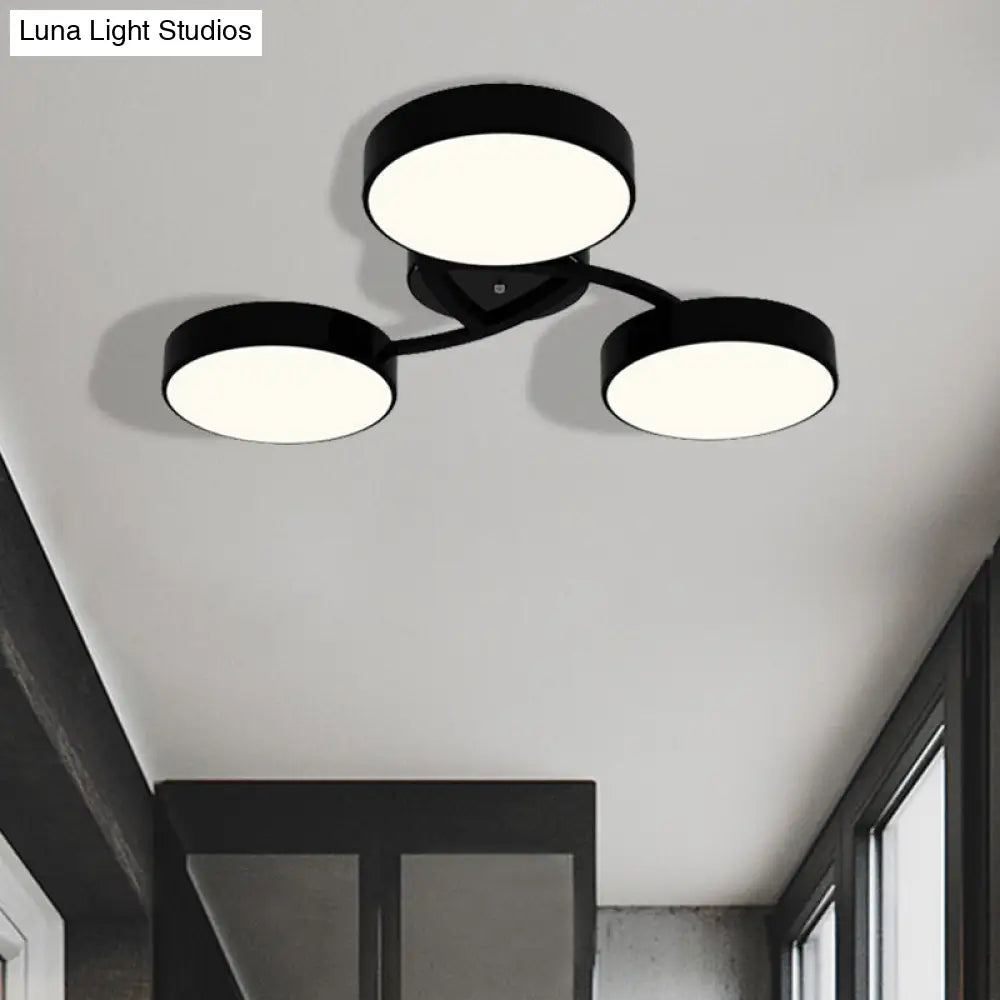 Nordic Style Ceiling Light With Black/White Drum Shade - 3/6/9 Heads Acrylic Semi Flush Mount For