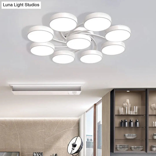 Nordic Style Ceiling Light With Black/White Drum Shade - 3/6/9 Heads Acrylic Semi Flush Mount For