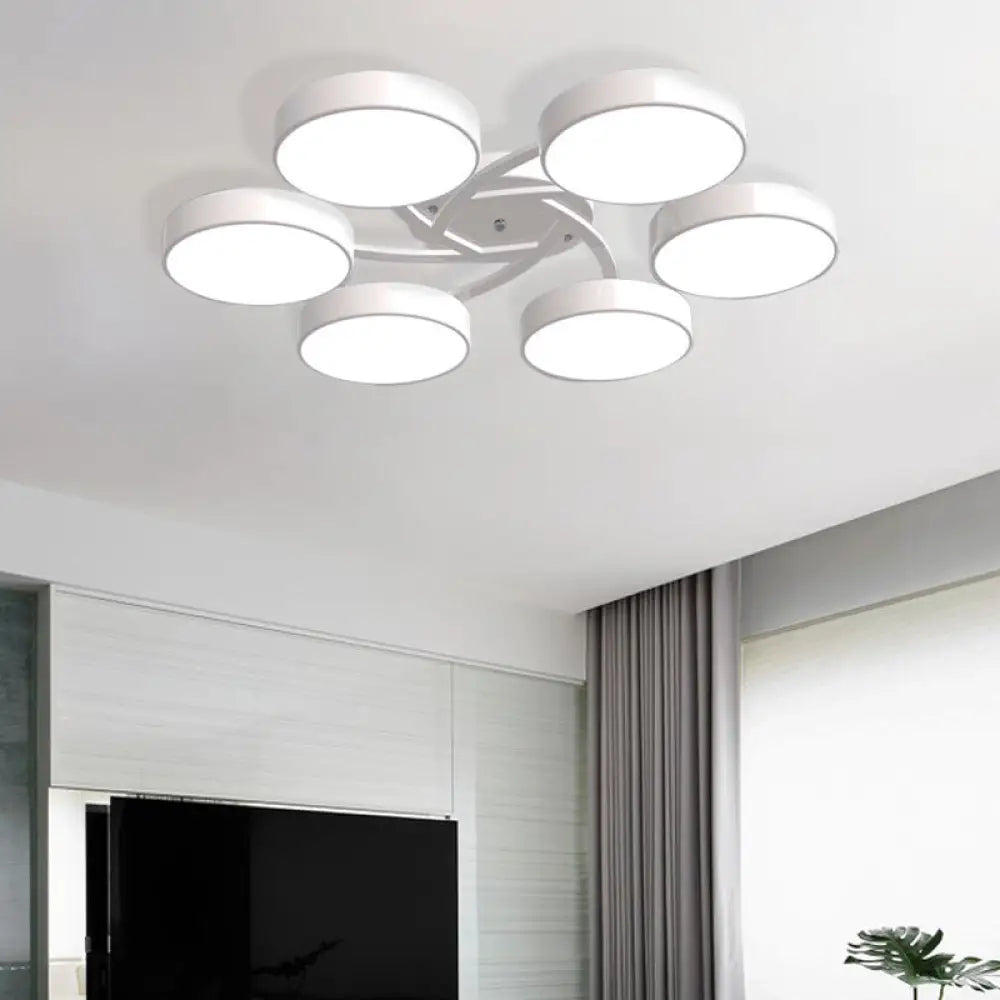 Nordic Style Ceiling Light With Black/White Drum Shade - 3/6/9 Heads Acrylic Semi Flush Mount For