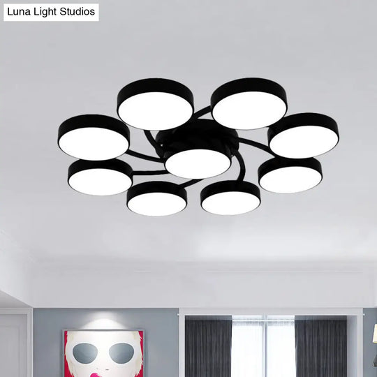 Nordic Style Ceiling Light With Black/White Drum Shade - 3/6/9 Heads Acrylic Semi Flush Mount For