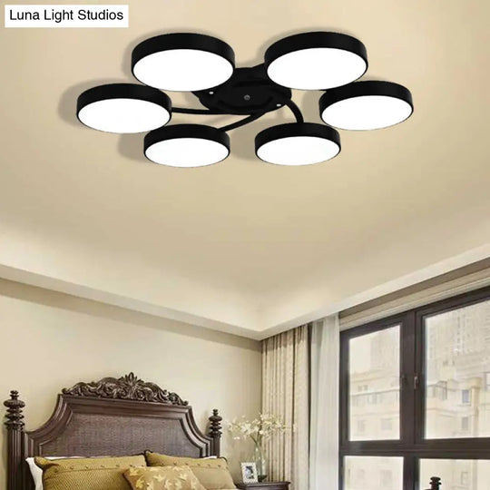 Nordic Style Ceiling Light With Black/White Drum Shade - 3/6/9 Heads Acrylic Semi Flush Mount For