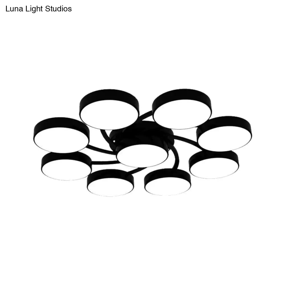 Nordic Style Ceiling Light With Black/White Drum Shade - 3/6/9 Heads Acrylic Semi Flush Mount For