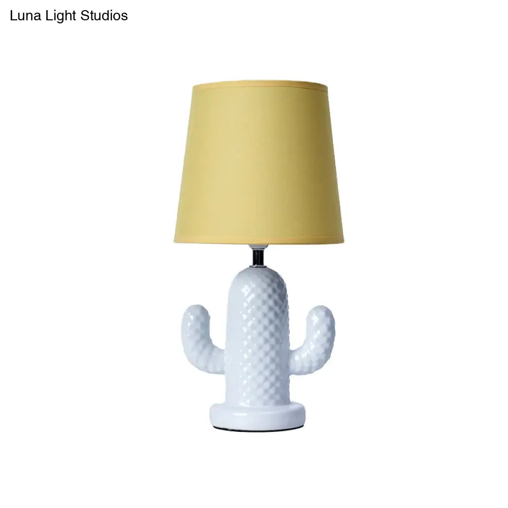 Nordic Style Ceramic Cactus Table Lamp - Single Head White Desk Lighting With Yellow Fabric Shade