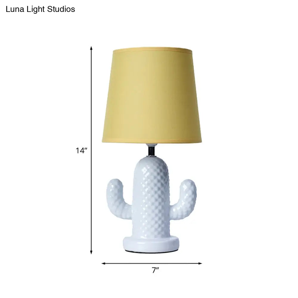 Nordic Style Ceramic Cactus Table Lamp - Single Head White Desk Lighting With Yellow Fabric Shade