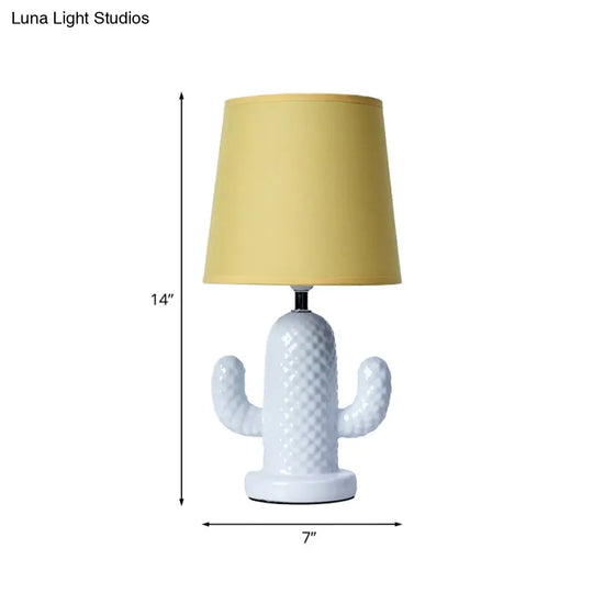 Nordic Style Ceramic Cactus Table Lamp - Single Head White Desk Lighting With Yellow Fabric Shade