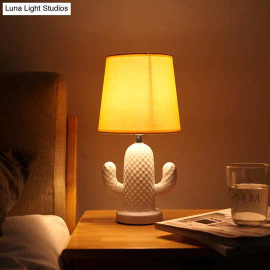 Nordic Style Ceramic Cactus Table Lamp - Single Head White Desk Lighting With Yellow Fabric Shade